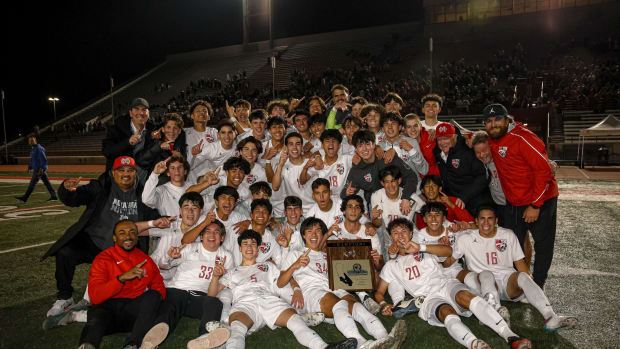 Mater Dei's Ayden Romo scored the match's lone goal in a 1-0 victory over Arlington to win the CIF Southern Section Open Division final on Feb. 23, 2024.